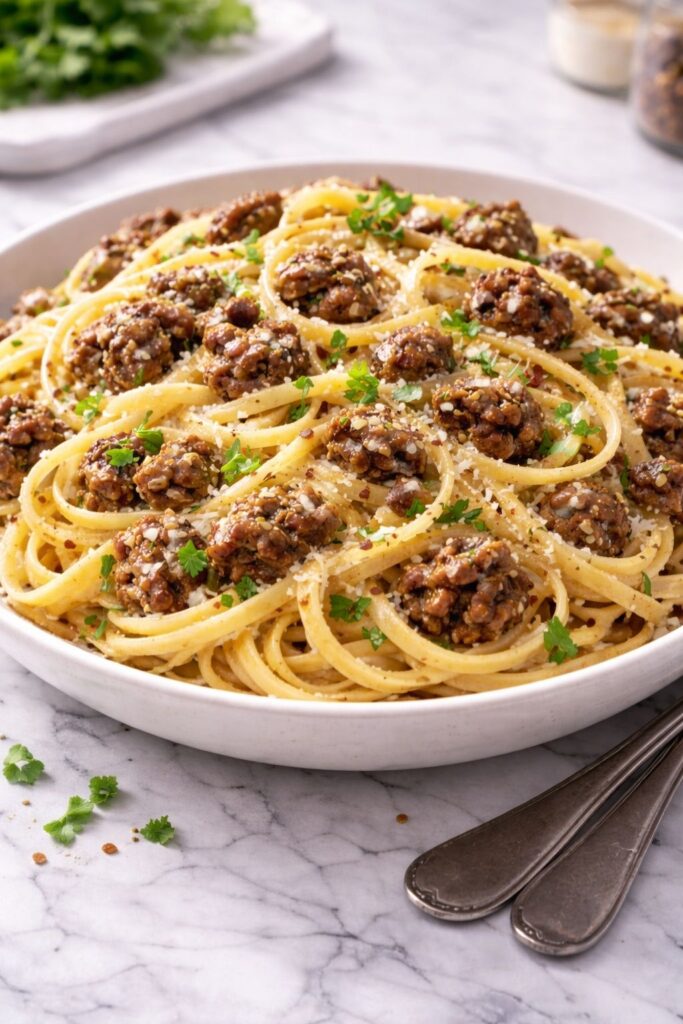 Cheesy Garlic Butter Linguini With Ground Beef