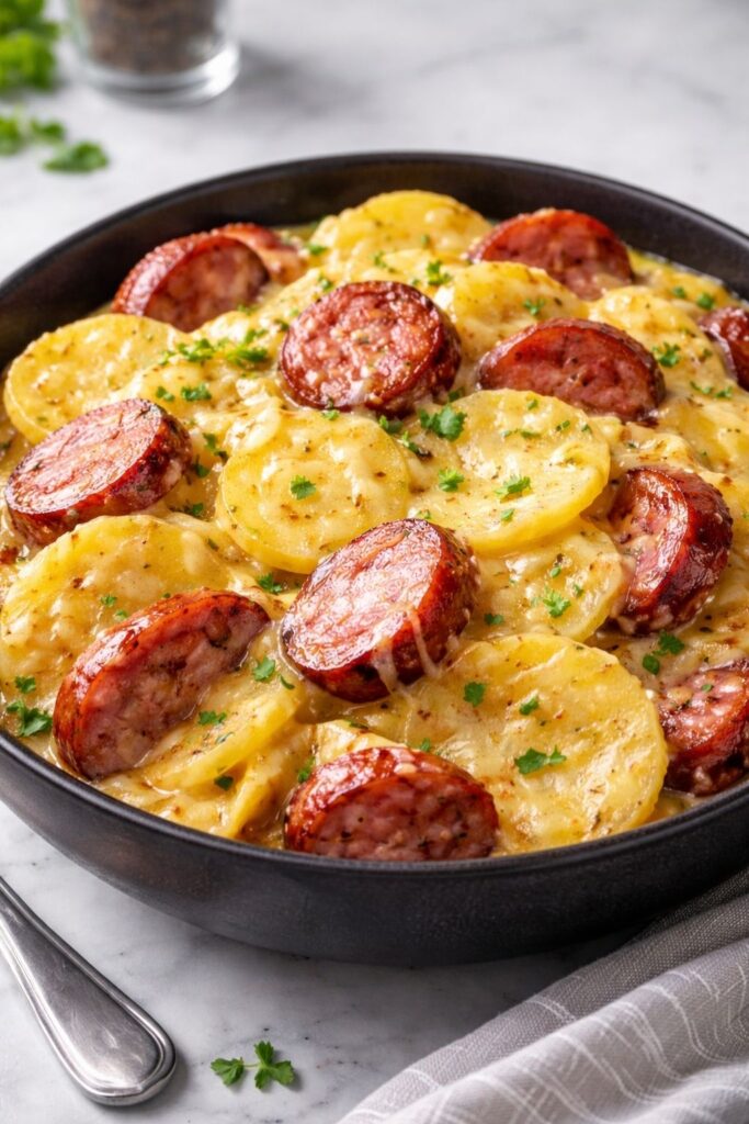 Crockpot Cheesy Potatoes and Kielbasa
