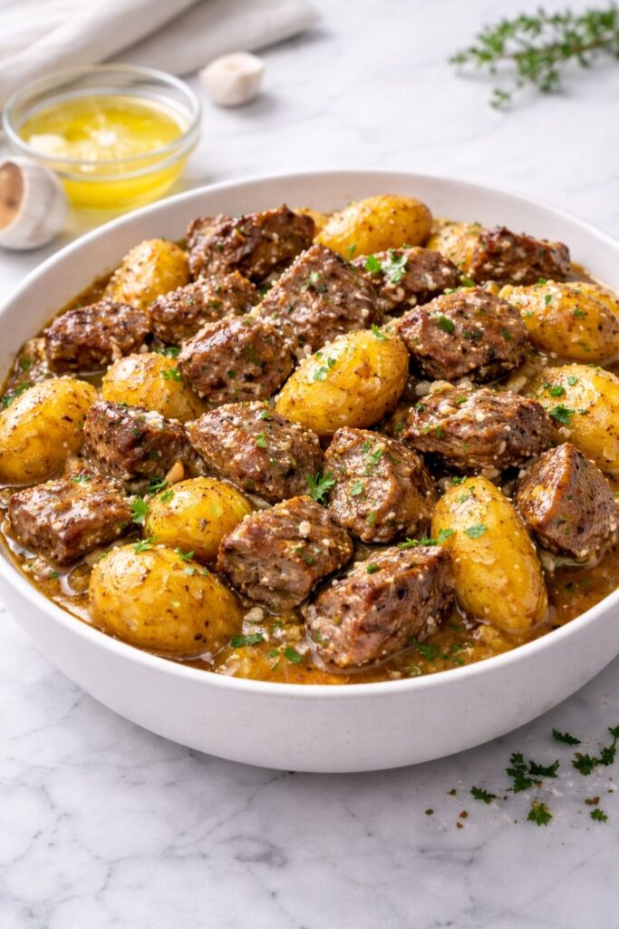 Crockpot Garlic Butter Beef Bites & Potatoes
