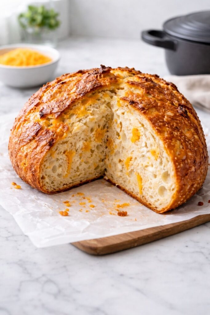 No Knead Cheddar Bread in the Dutch Oven