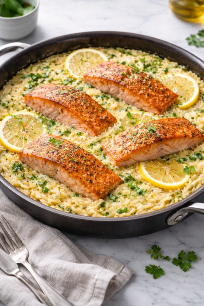 One Skillet Salmon with Lemon Orzo