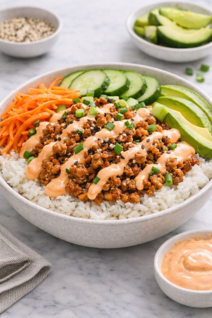 Ground Turkey Rice Bowls with Bang Bang Sauce