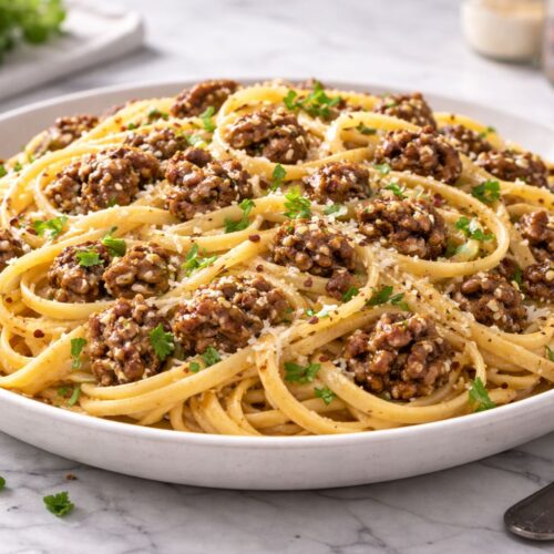 Cheesy Garlic Butter Linguini With Ground Beef
