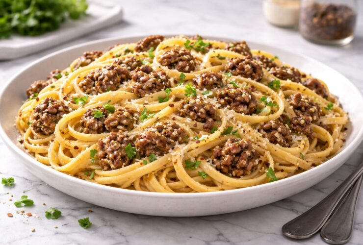 Cheesy Garlic Butter Linguini With Ground Beef