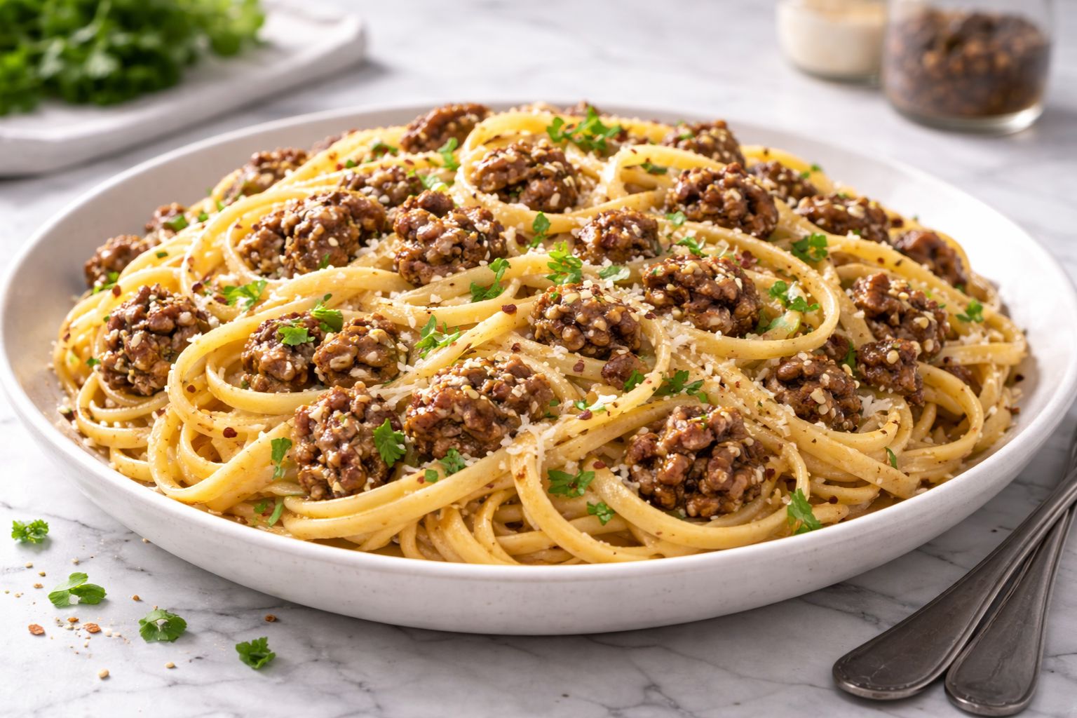 Cheesy Garlic Butter Linguini With Ground Beef