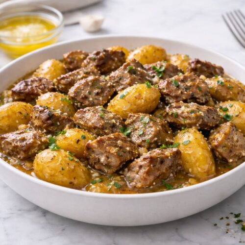Crockpot Garlic Butter Beef Bites & Potatoes