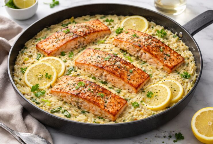 One Skillet Salmon with Lemon Orzo