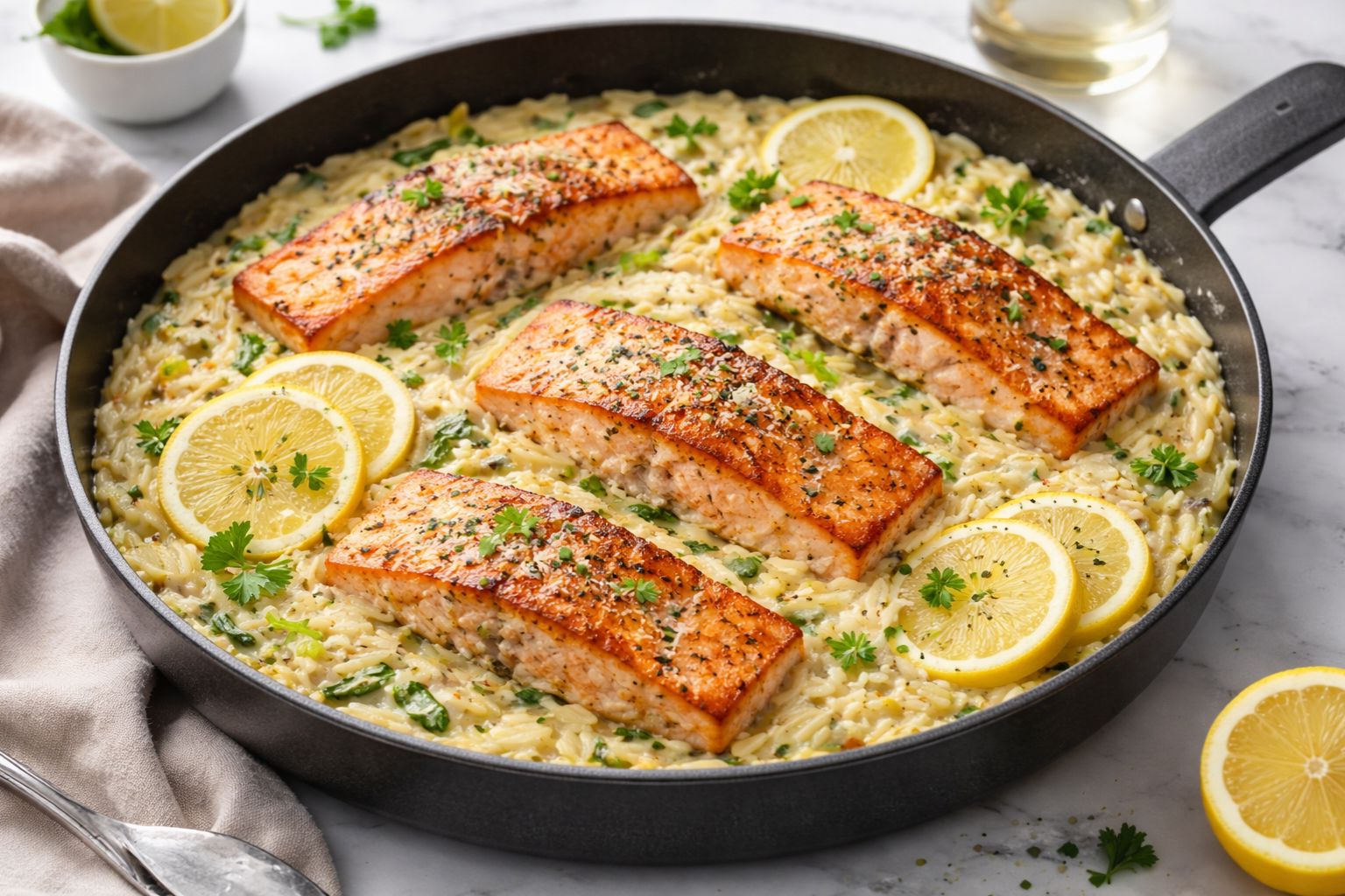 One Skillet Salmon with Lemon Orzo
