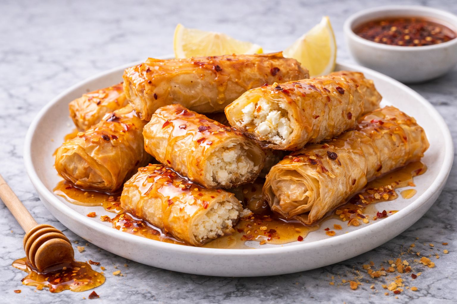 Oven-Fried Feta Rolls with Chili Honey